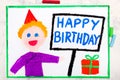 Drawing: Happy Birthday card. Smiling birthday boy with gift