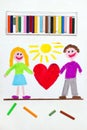 Drawing: Happy couple holding big red heart Royalty Free Stock Photo