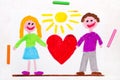 Drawing: Happy couple holding big red heart Royalty Free Stock Photo