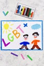 Rawing: Happy gay couple holding hands and word LGBT