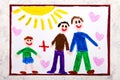 Colorful drawing: Happy gay parents and his adopted son. Two fathers and child Royalty Free Stock Photo