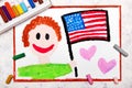 Colorful drawing: Happy man holding American flag. Royalty Free Stock Photo