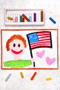 Colorful drawing: Happy man holding American flag. Royalty Free Stock Photo