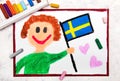 Colorful drawing: Happy man holding Swedish flag. Royalty Free Stock Photo