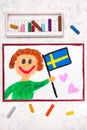 Colorful drawing: Happy man holding Swedish flag Royalty Free Stock Photo