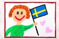 Colorful drawing: Happy man holding Swedish flag. Flag of Sweden Royalty Free Stock Photo