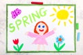 Drawing: landscape with apple tree, tulip flowers an happy sun. Springtime Royalty Free Stock Photo