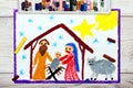 Colorful drawing: Nativity scene. Christmas time Royalty Free Stock Photo