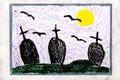 Colorful drawing: old scary cemetery at night.