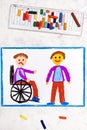 Colorful drawing: Sad boy sitting on his wheelchair Royalty Free Stock Photo