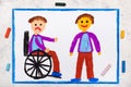 Colorful drawing: Sad boy sitting on his wheelchair Royalty Free Stock Photo