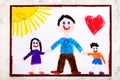 Colorful drawing: Single parenting. Smiling family with father and her two kids