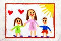 Colorful drawing: Single parenting. Smiling family with mother and her two kids