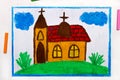 drawing: A small church with a tower on the hill Royalty Free Stock Photo