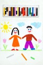 drawing: smiling boy and girl holding hands. Royalty Free Stock Photo