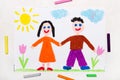 Drawing: smiling boy and girl holding hands. Happy couple Royalty Free Stock Photo