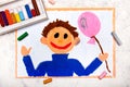 Drawing: Smiling boy with pink balloon in his hand Royalty Free Stock Photo