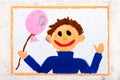 Colorful drawing: Smiling boy with pink balloon Royalty Free Stock Photo