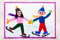 Colorful drawing: children are ice skating on the ice rink