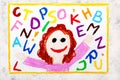 Colorful drawing: Smiling girl and colorful alphabet letters