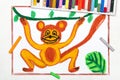 drawing: smiling monkey is hanging on a liana