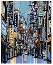 Colorful drawing of a street in Japan