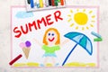 Drawing: Summer time Smiling girl with ice cream and beach umbrella Royalty Free Stock Photo