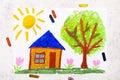 Colorful drawing: Sunny day,a small cute house next to a tree. Royalty Free Stock Photo