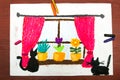 Drawing: Window with window curtains, beautiful flowers and cats. Royalty Free Stock Photo