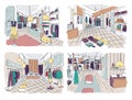 Colorful drawings of clothing boutique interior with furnishings, counters, showcases, mannequins dressed in fashionable