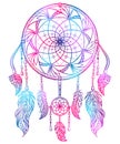 Colorful dream catcher with ornament and feathers.