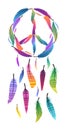 Colorful dream catcher with pacific sign and sign of peace made of feathers. Pacific. Vector element for your design.