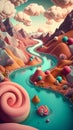 Colorful dreamlike candy land with river and puffy clouds