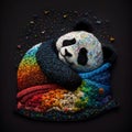 Colorful dreeming panda. Textured tapestry 3d little sleeping panda. Embroidery cute panda background illustration. Surface