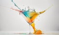 a colorful drink splashing out of a martini glass with an orange and blue liquid Royalty Free Stock Photo