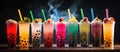 Colorful drinks with tapioca bubbles in transparent cups on a black background