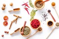 Colorful dry herbs and spices for cooking food white kitchen table background top view pattern Royalty Free Stock Photo