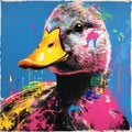 Colorful Duck Painting In Neo-pop Style With Splatter And Stencil Elements