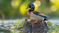 Colorful duck perched on a tree stump Royalty Free Stock Photo