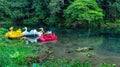 Colorful paddle boat on the beautiful lake