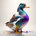 a colorful duck sitting on top of a puddle of paint on a white background with a white background behind it and a white