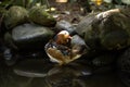 Colorful duck swimming in the pond. Waterfowl bird family. Tropical bird park. Nature and environment concept. Horizontal layout.