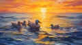 Sunset Ducks Original Oil Painting In Modern Impressionism Style Royalty Free Stock Photo