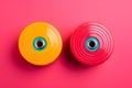 Colorful dumbbells on pink background, top view. Professional sport equipment. Rubber fitness weights for home training. Gym