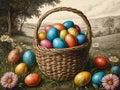colorful dyed easter eggs in basket and pasture landscape with flowers vintage style retro illustration