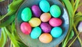 Colorful dyed Easter eggs in bowl with tulip flowers around