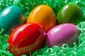 Colorful dyed Easter eggs in a green paper nest, group of Paschal eggs