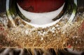 Abstract View of an Old Tire Hanging from a Fishing Boat After a Dusting of Snow.