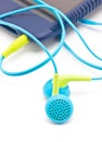 Colorful Earphones With Portable mp3 Player. Royalty Free Stock Photo