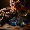 Colorful earrings on a wooden background. Selective focus.